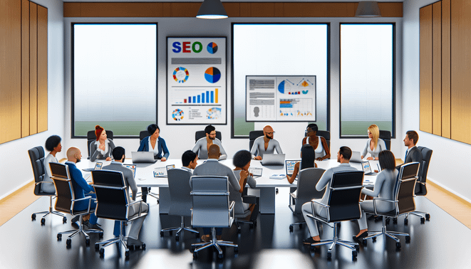 alt_text: A diverse team discussing SEO strategies in a modern office, with charts and analytics displayed.