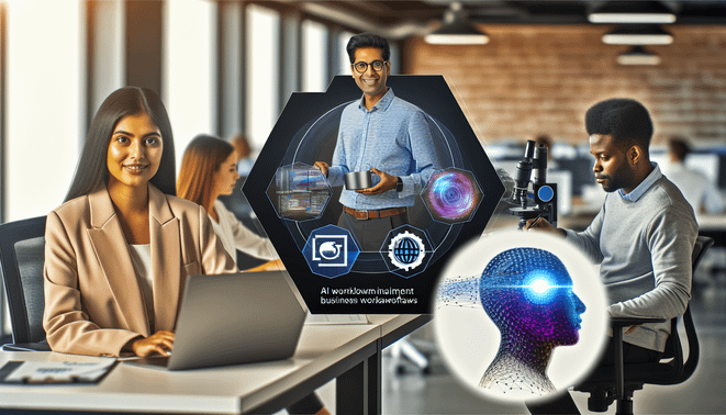 alt_text: A modern workspace showing diverse professionals enhancing productivity through AI workflows.