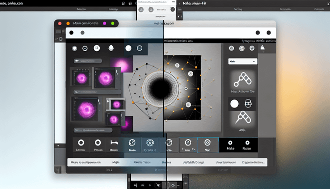 alt_text: A split image comparing Make.com and N8n, showcasing their workflow features and aesthetics.